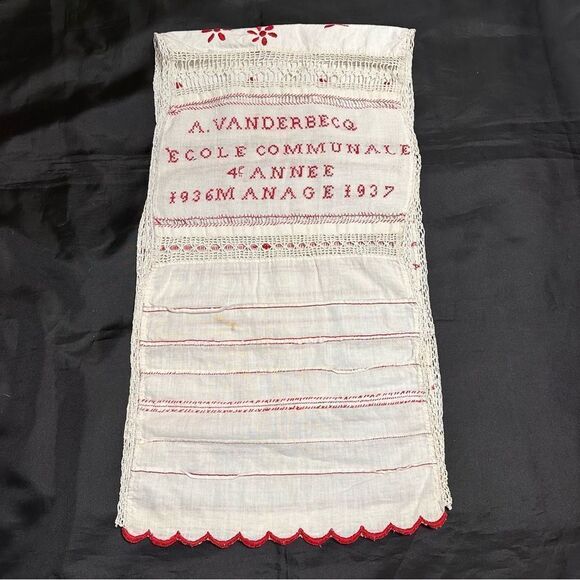 Vintage 1936-37 Belgian Student Handmade Linen Embroidery Needlepoint Sampler - Picture 3 of 11